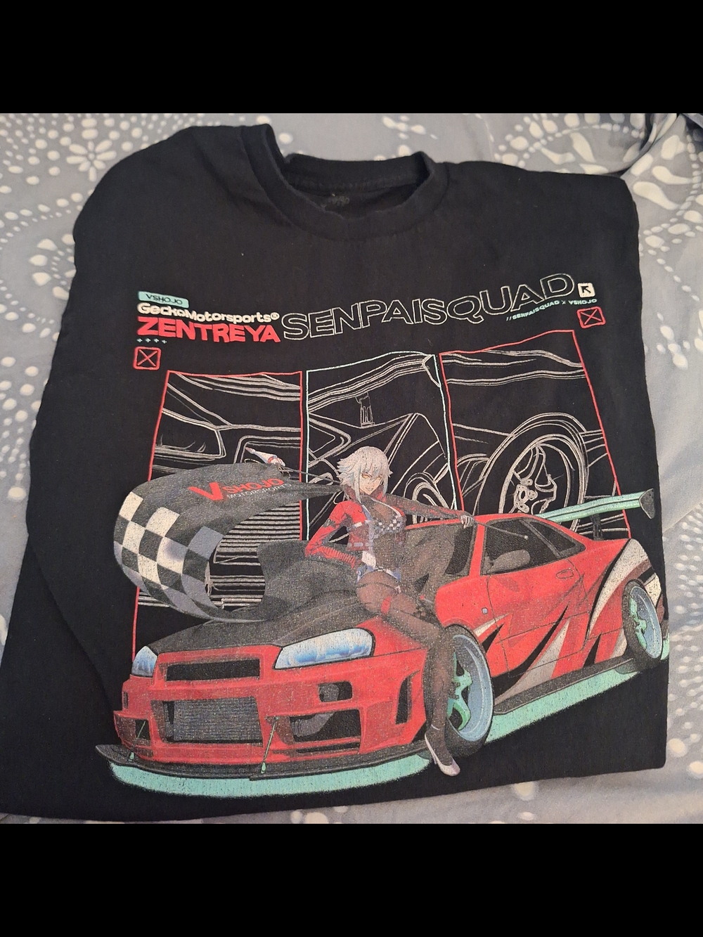 Black Zentraya Senpais Squad Racing Graphic Tee with Red Car Design